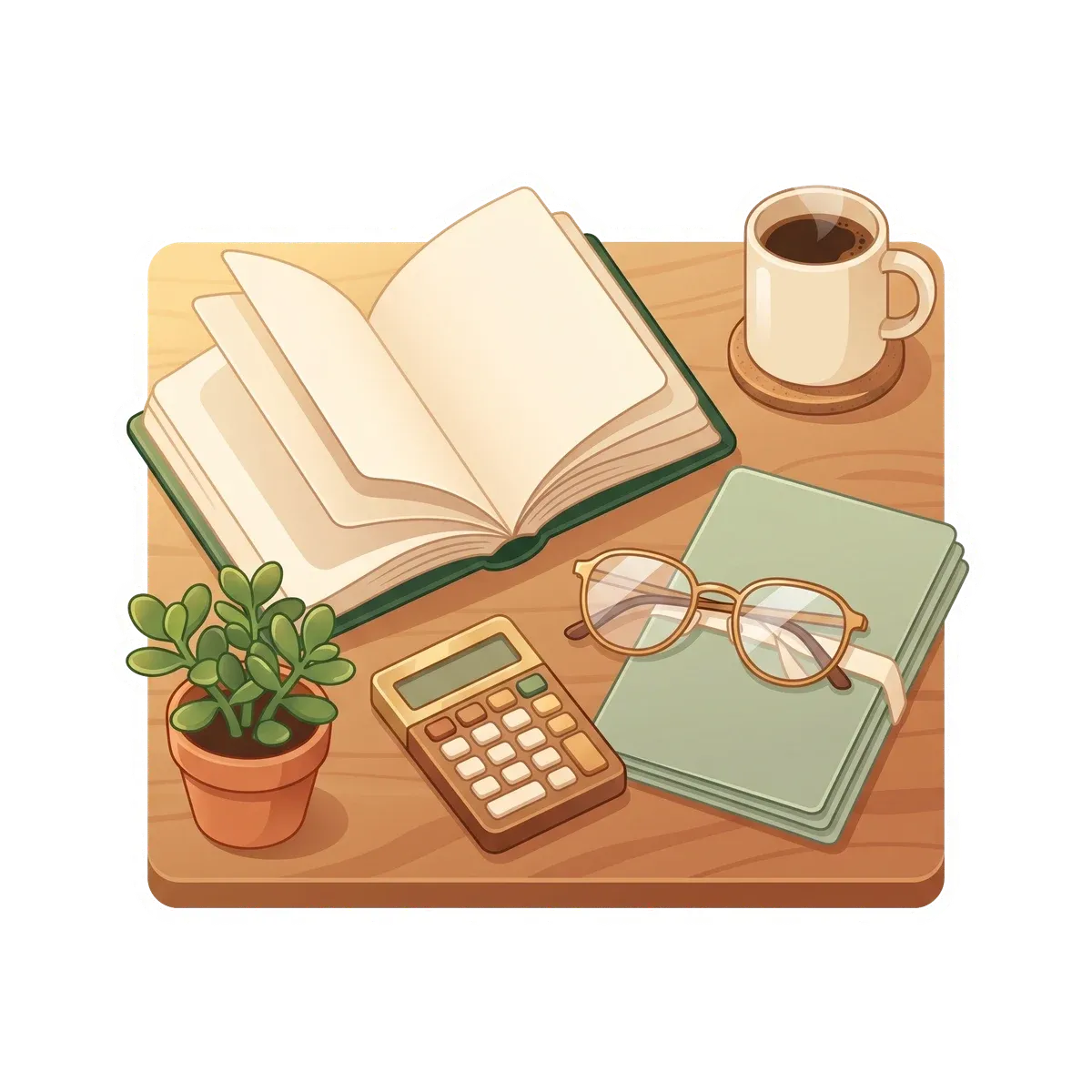 Guide hypothécaire ouvert sur un bureau avec café, lunettes et calculatrice